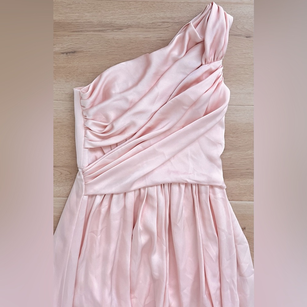 Elegant Blush Pink One Shoulder Bridesmaid Formal Maxi Gown Wedding Guest Dress - Picture 3 of 9